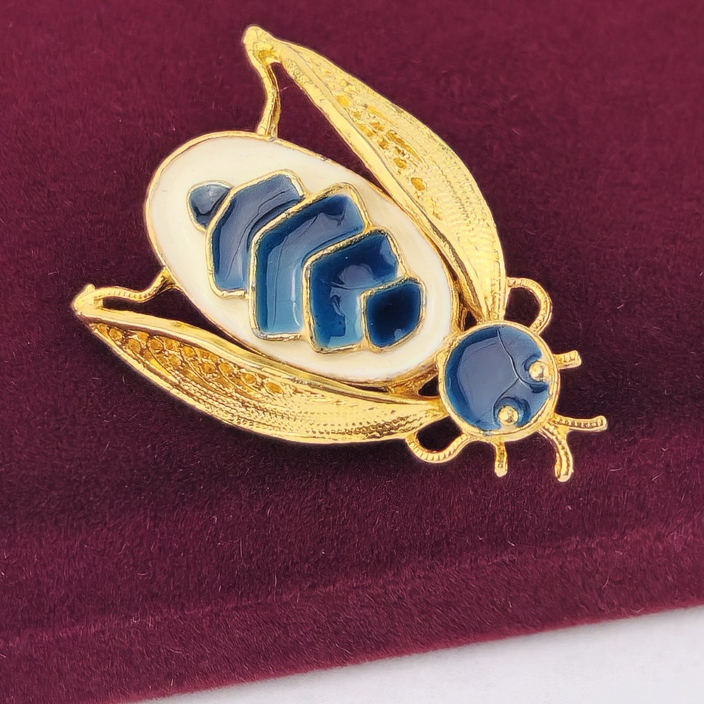 Blue White Enamel Bee Brooch Gold Tone Small Bug Pin